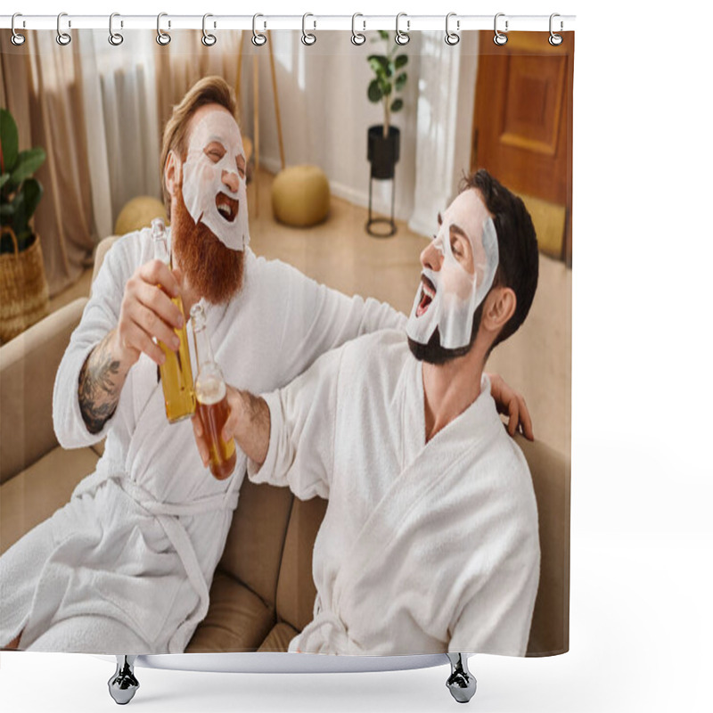 Personality  Two Cheerful Men In Bathrobes Relax On A Couch, Enjoying Each Others Company And Camaraderie. Shower Curtains