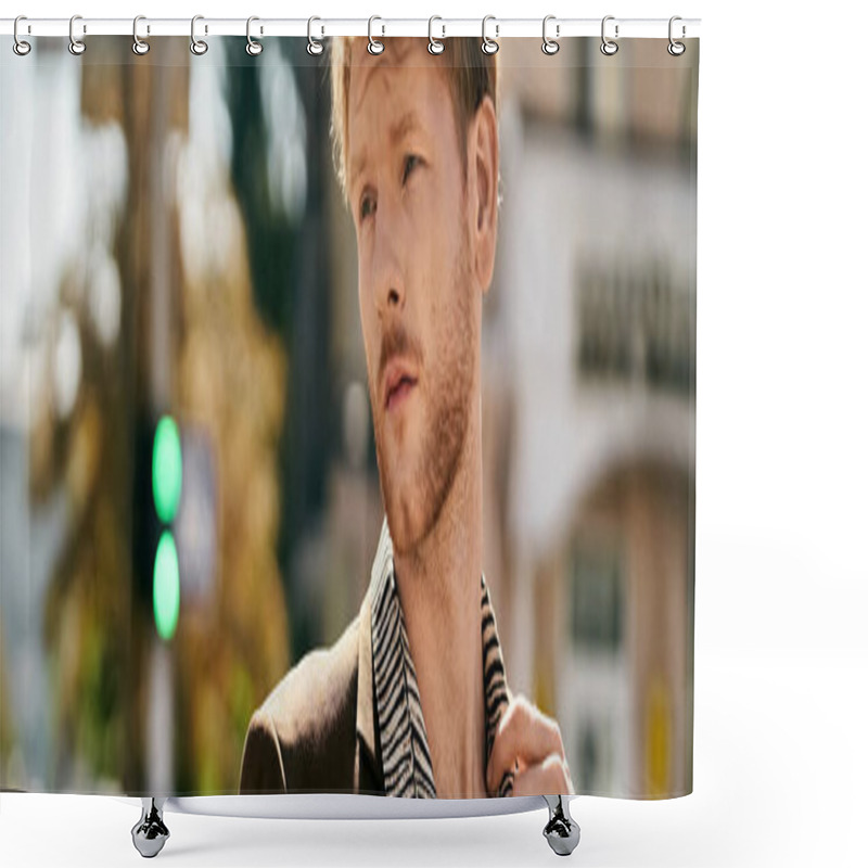 Personality  Red-haired Man In Suave Suit Standing Confidently On City Corner. Shower Curtains