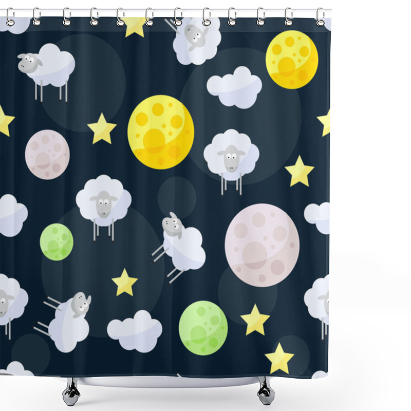 Personality  Funny Vector Pattern Background With Clouds, Stars, Bright Planets And Cute Sheep On The Dark Cover In Open Space Shower Curtains