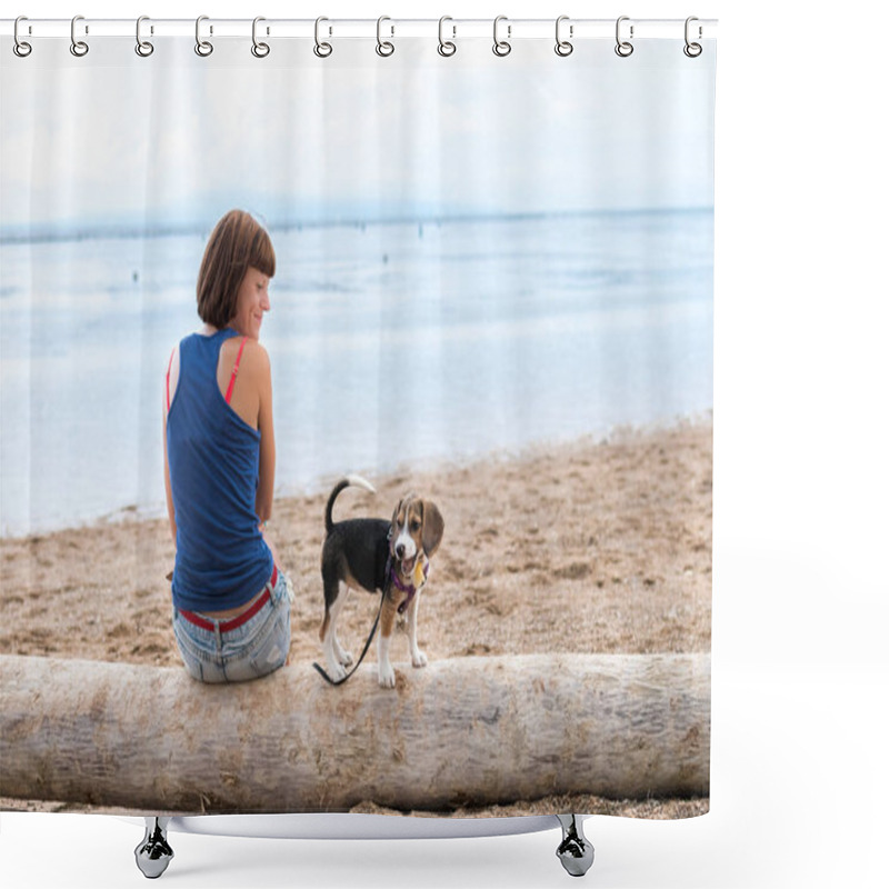 Personality  Beautiful Girl Sitting On The Beach With A Beagle Dog Puppy. Tropical Island Bali, Indonesia. Shower Curtains