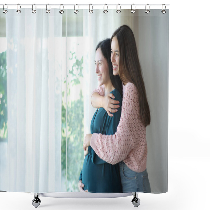 Personality  Happy Lesbian Pregnant Asian Woman And Wife Looking Through A Window At Home Shower Curtains