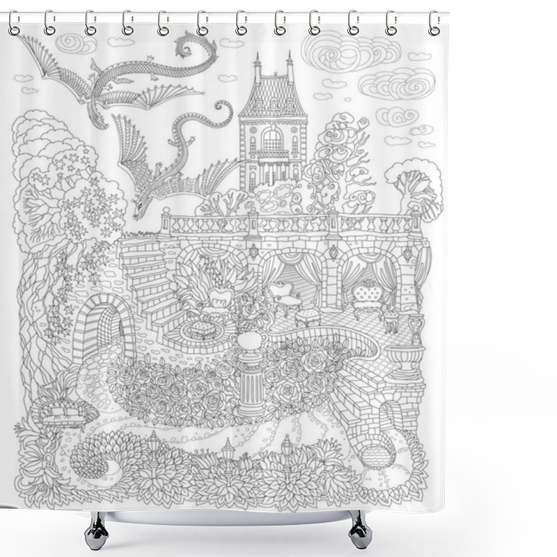 Personality  Fantasy Landscape With Flying Dragons. Fairy Tale Castle On A Hill, Stone Staircase, Grotto, Garden Roses, Lilies. Black And White T-shirt Print. Coloring Book Page For Adults.  Shower Curtains