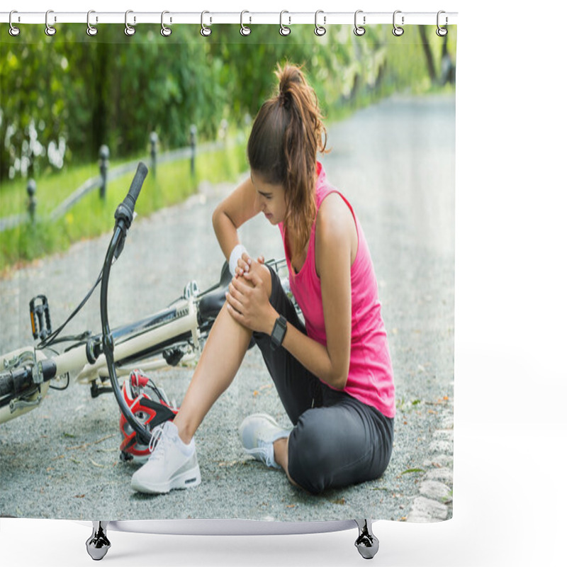 Personality  Young Woman Fallen From Bicycle Shower Curtains