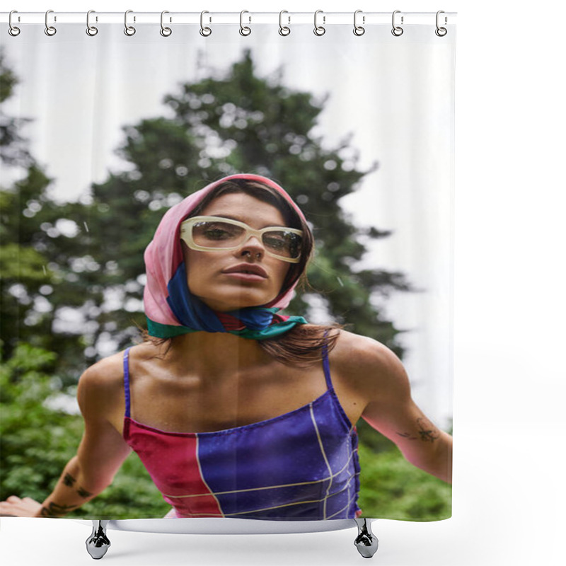 Personality  A Beautiful Young Woman In A Vibrant Dress And Stylish Sunglasses Enjoying The Summer Breeze In Nature. Shower Curtains