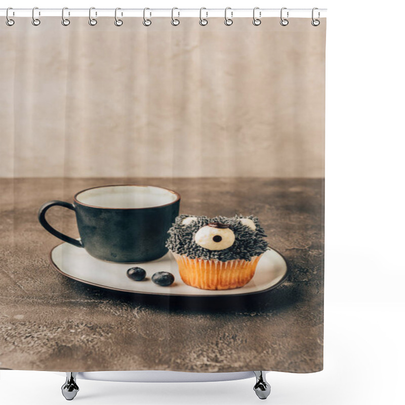 Personality  Sweet Tasty Blueberry Muffin In Shape Of Bear And Black Mug On Plate Shower Curtains