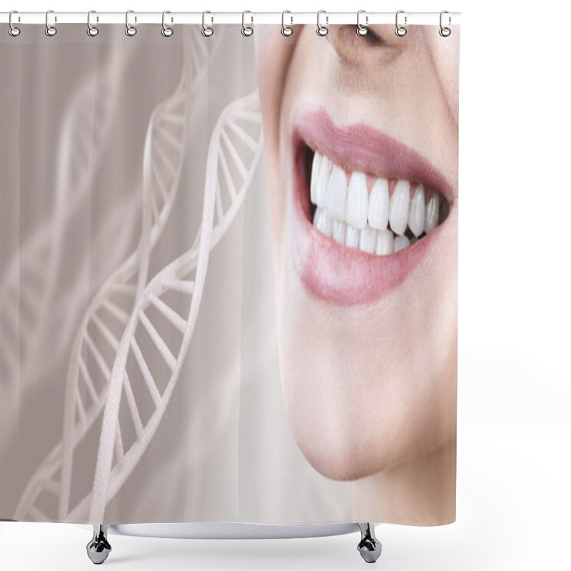 Personality  Woman With Healthy Teeth And Smile Among DNA Chains Shower Curtains