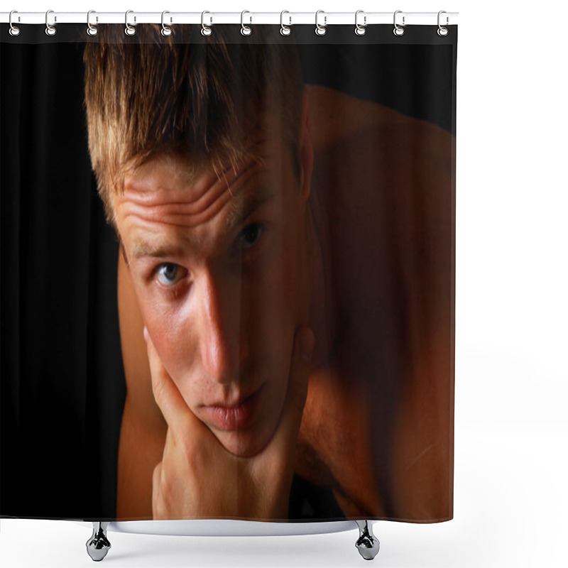 Personality  Shadowy Dark Close-up Portrait Of Young Good Looking Male Model Shower Curtains