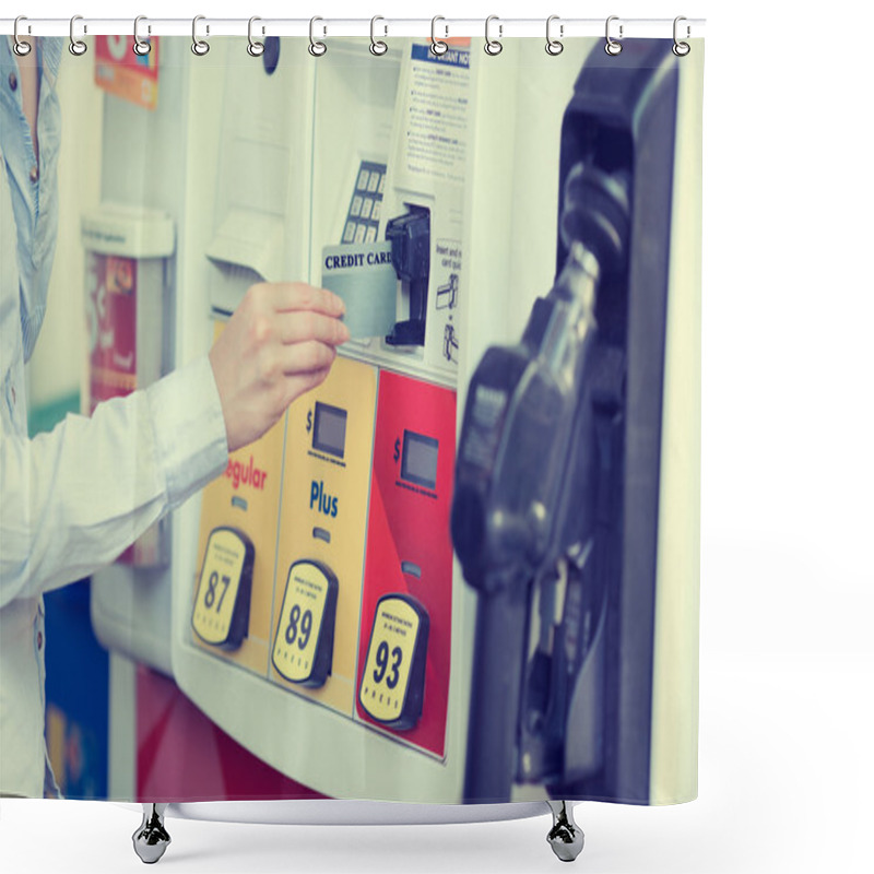 Personality  Woman Hand Swiping Credit Card At Gas Pump Station Shower Curtains