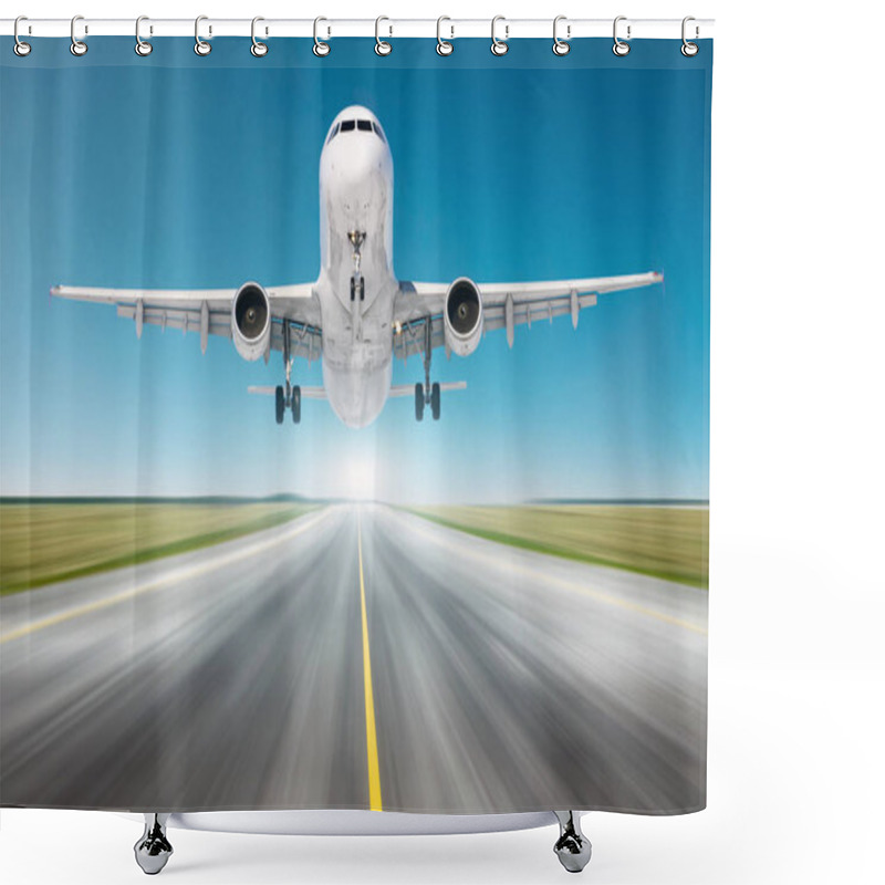 Personality  Airplane Flying Departure Landing Speed Motion On A Runway In The Clear Sky Bright Day. Shower Curtains