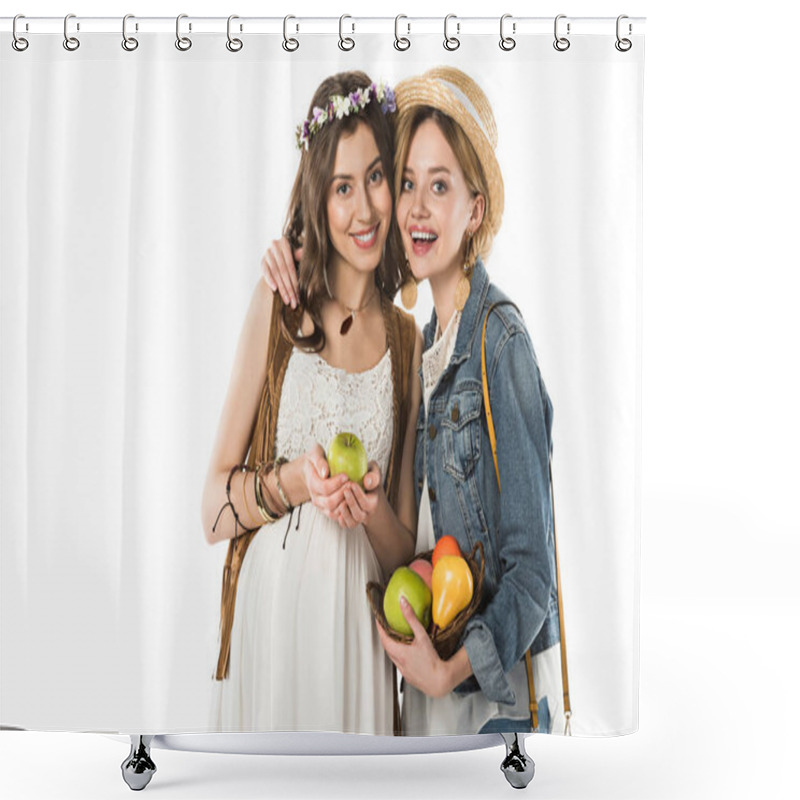 Personality  Smiling Bisexual Hippie Couple With Fruits Embracing Isolated On White Shower Curtains