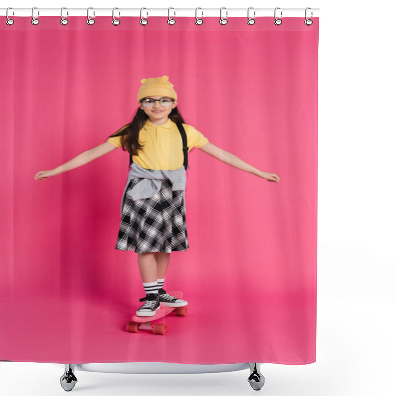 Personality  Happy Schoolgirl In Beanie Hat And Glasses Riding Penny Board On Pink Background, Stylish Look Shower Curtains