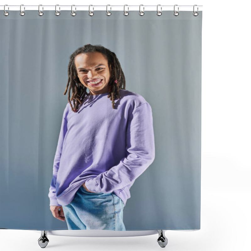 Personality  Cheerful Young African American Man In Casual Purple Sweatshirt Looking And Smiling At Camera Shower Curtains