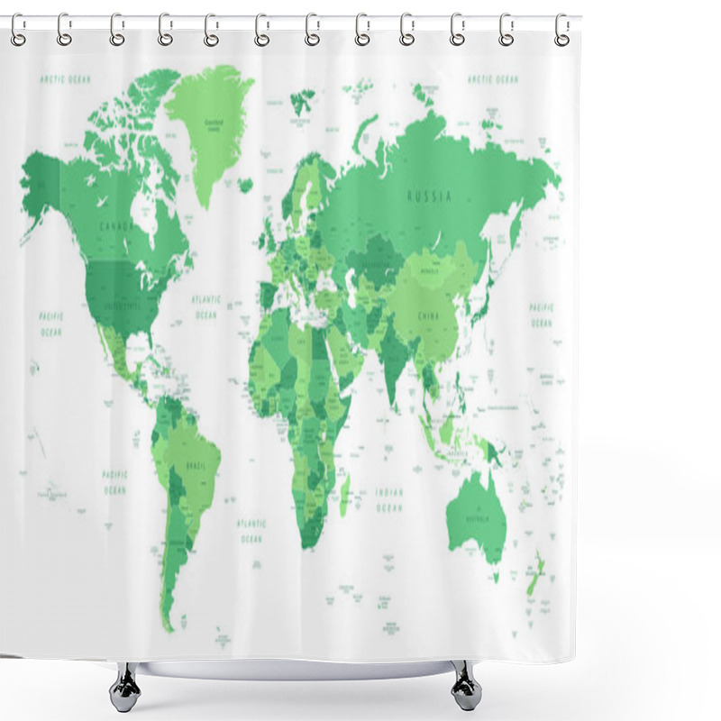 Personality  World Map. Highly Detailed Map Of The World With Detailed Borders Of All Countries With Cities, Capitals And Regions, In Green Colors. Shower Curtains