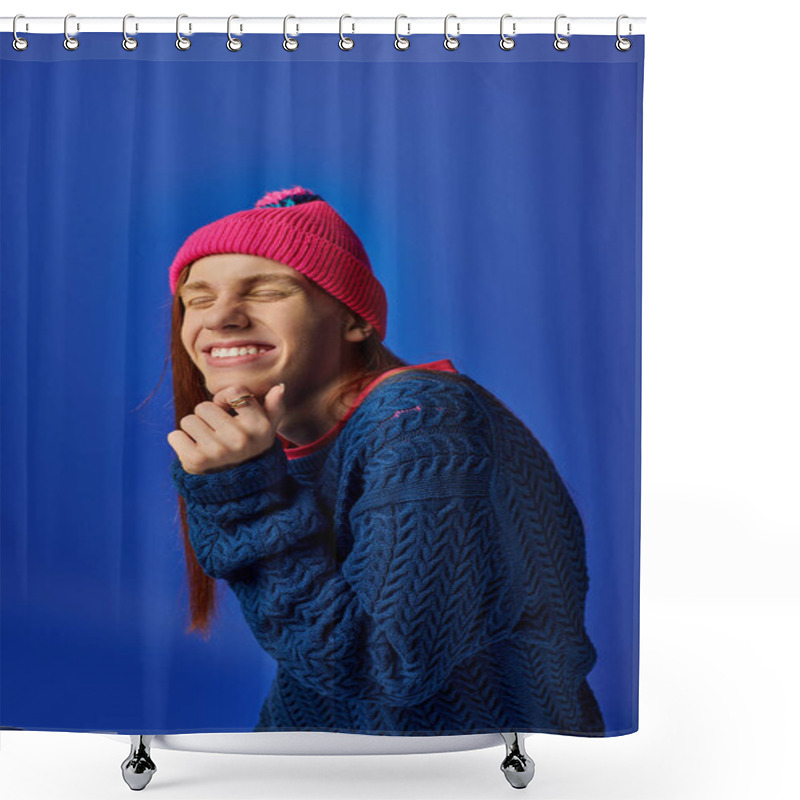 Personality  A Young Man With Long Red Hair And A Pink Beanie Shows A Joyful Emotion Against A Blue Background. Shower Curtains