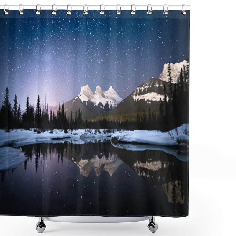 Personality  Alpine Night Scene With Sky Full Of Stars And Mountain Reflected In Water Surface, Shot In Canmore, Alberta, Canada Shower Curtains