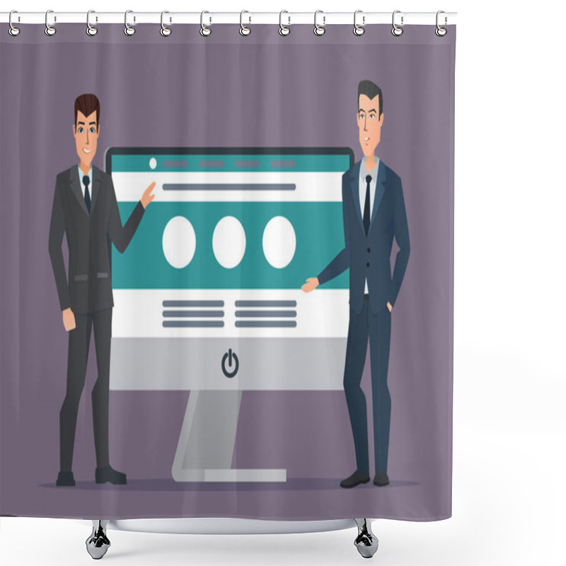 Personality  Businessman's Presents Website. Computer Screen. Development Project, SEO Process Information. Business Cartoon Concept. Vector Creative Color Illustrations Flat Design In Flat Modern Style. Shower Curtains