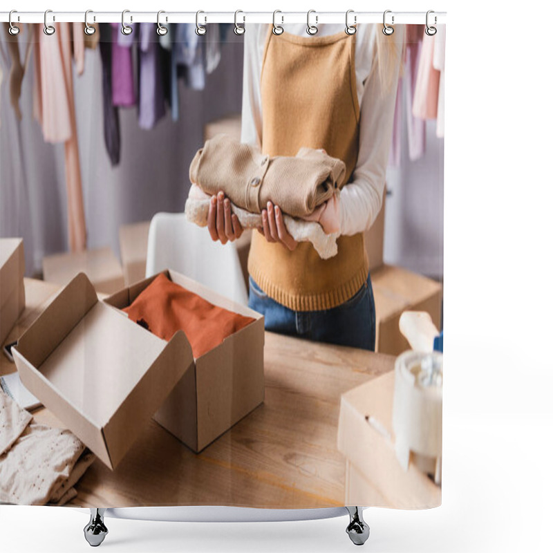 Personality  Cropped View Of Showroom Owner Holding Clothes Near Carton Boxes In Showroom Shower Curtains