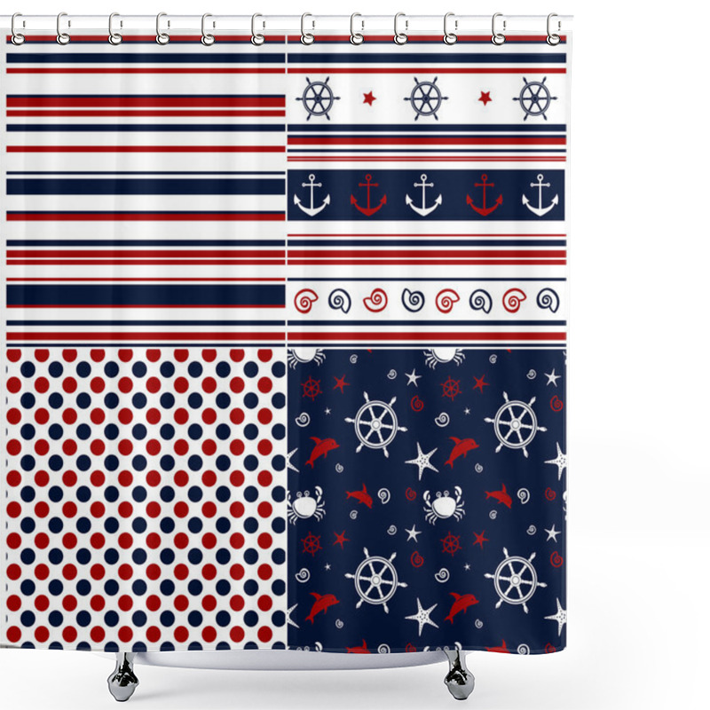 Personality  Collection Of Marine Backgrounds In Dark Blue, Red And White Col Shower Curtains