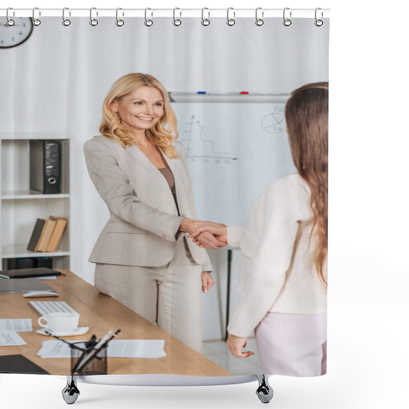 Personality  Cropped Shot Of Young And Mature Businesswomen Shaking Hands In Office Shower Curtains