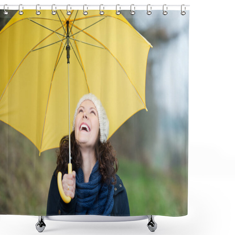 Personality  Woman In Winter Clothes Holding Yellow Umbrella Shower Curtains