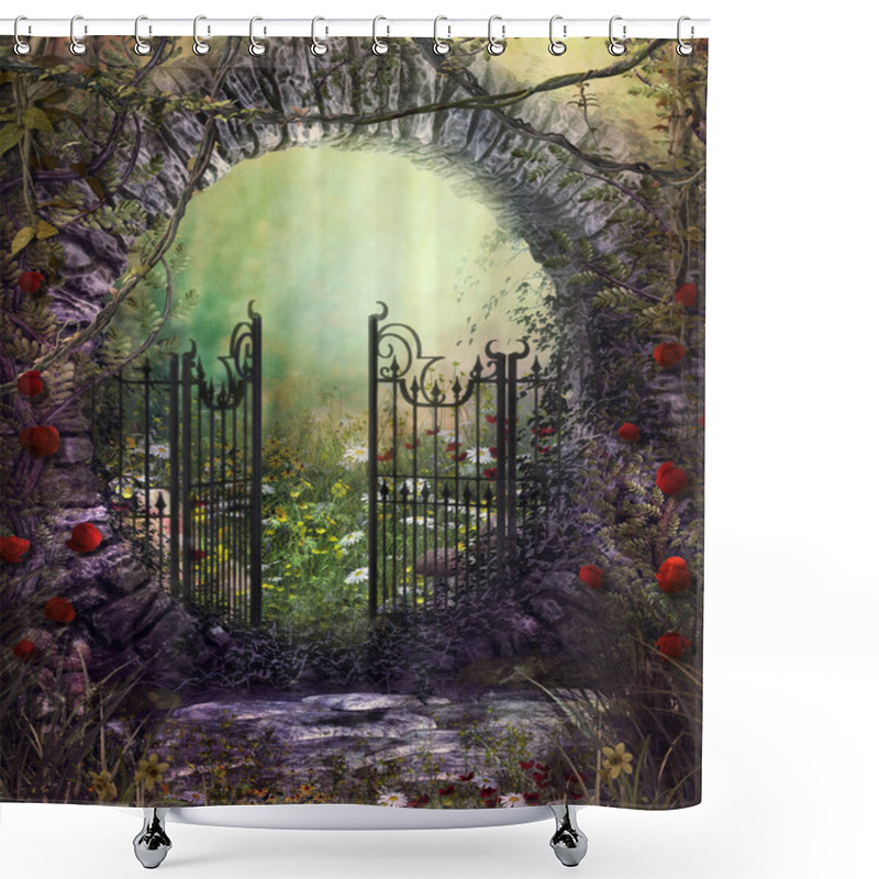 Personality  Enchanting Old Garden Gate With Ivy And Flowers Shower Curtains