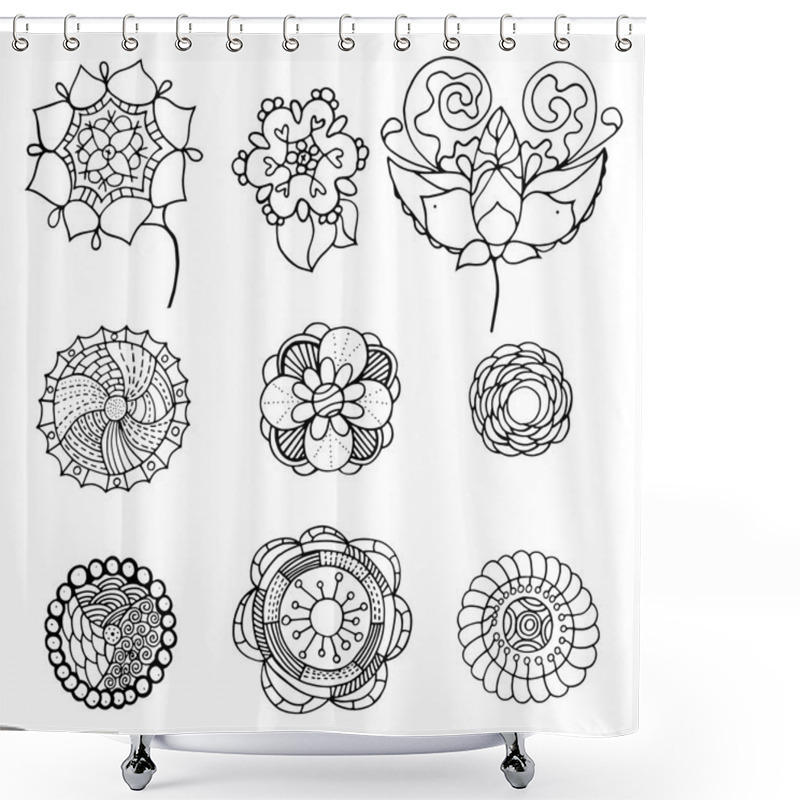 Personality  Monochrome Doodle Flowers And Leafs Shower Curtains