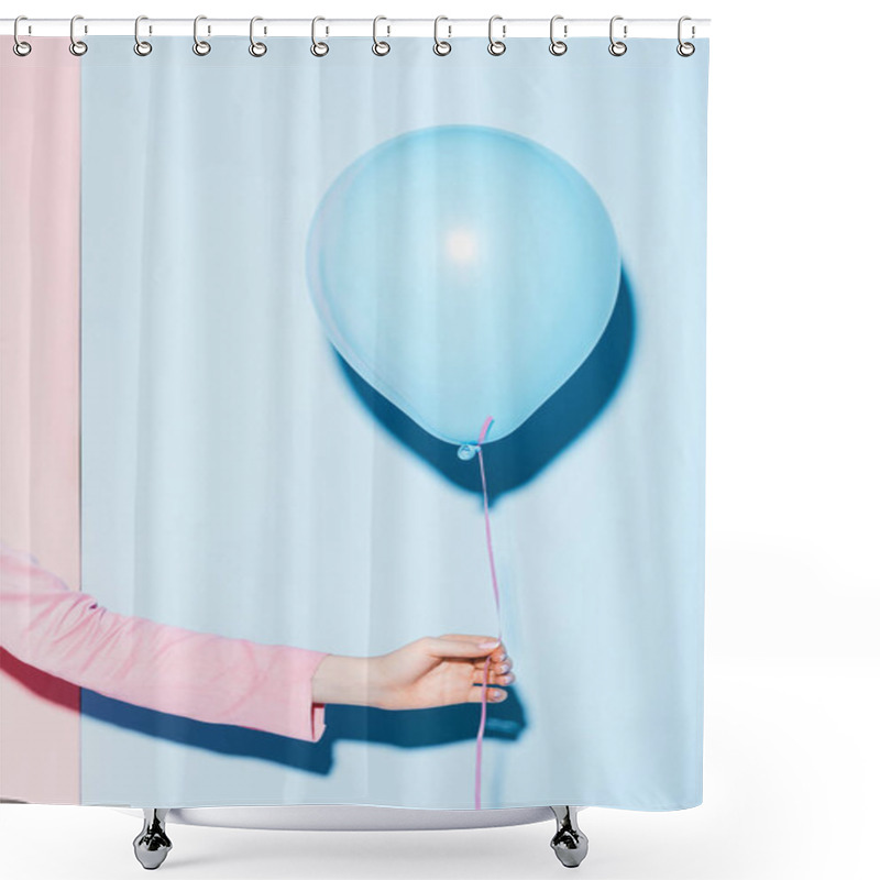 Personality  Cropped View Of Woman Holding Balloon On Pink And Blue Background  Shower Curtains