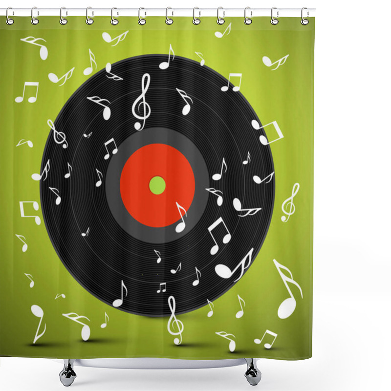 Personality  LP. Vinyl Record With Notes On Green Background. Vector. Shower Curtains