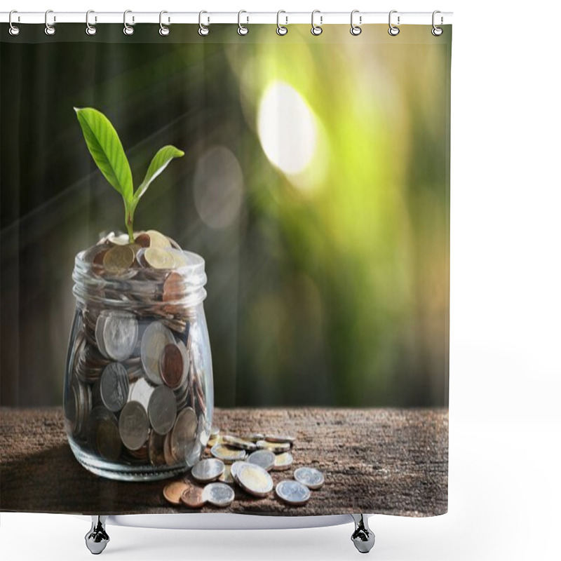 Personality  Image Of Pile Of Coins With Plant On Top In Glass Jar For Business, Saving, Growth, Economic Concept Shower Curtains