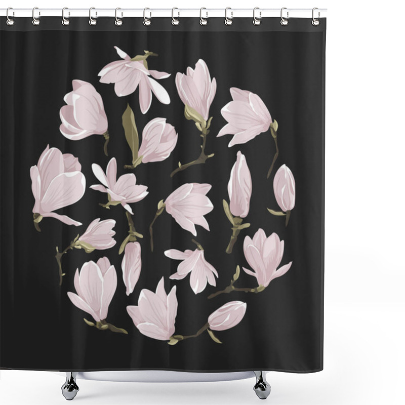 Personality  Vector Flowers Clip Art Of Magnolia Set. Floral Pink Images On A Black Background. Circle Shape Picture Shower Curtains