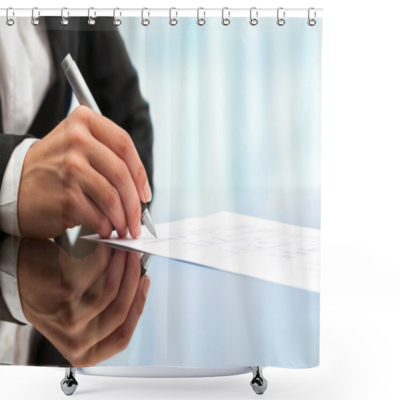 Personality  Extreme Close Up Of Female Hand Signing Document. Shower Curtains