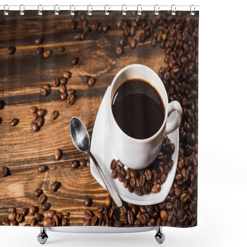 Personality  High Angle View Of Coffee Cup On Rustic Wooden Table Spilled With Beans Shower Curtains