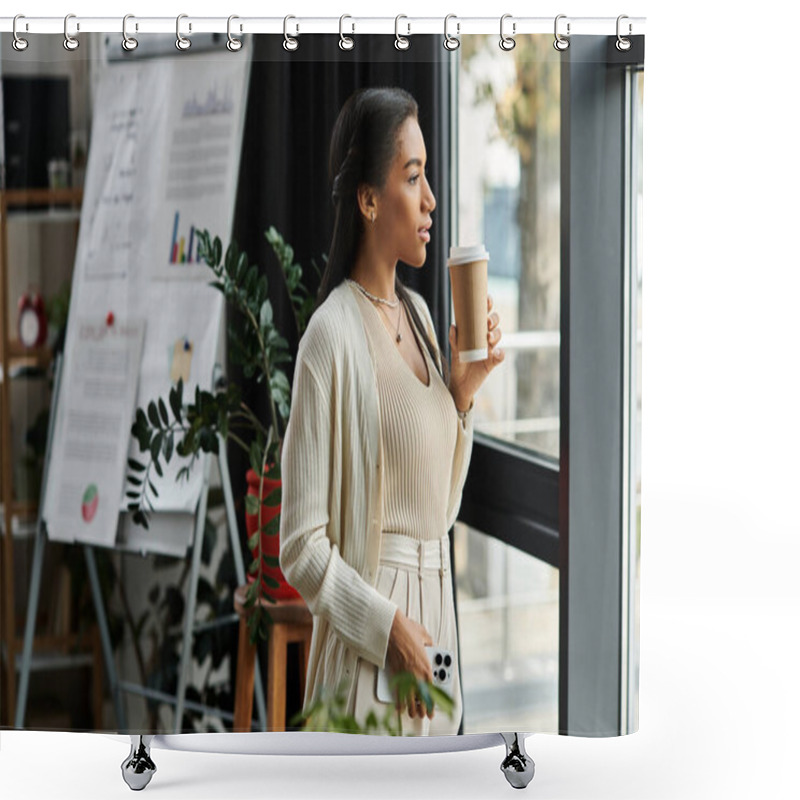 Personality  A Young Beautiful Woman Stands By The Window, Sipping Coffee And Reflecting On Her Tasks. Shower Curtains