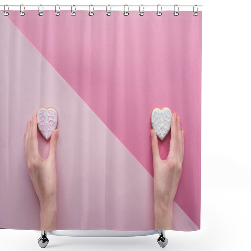 Personality  Partial View Of Woman Holding Glazed Cookies In Hands On Pink, St Valentines Day Concept Shower Curtains