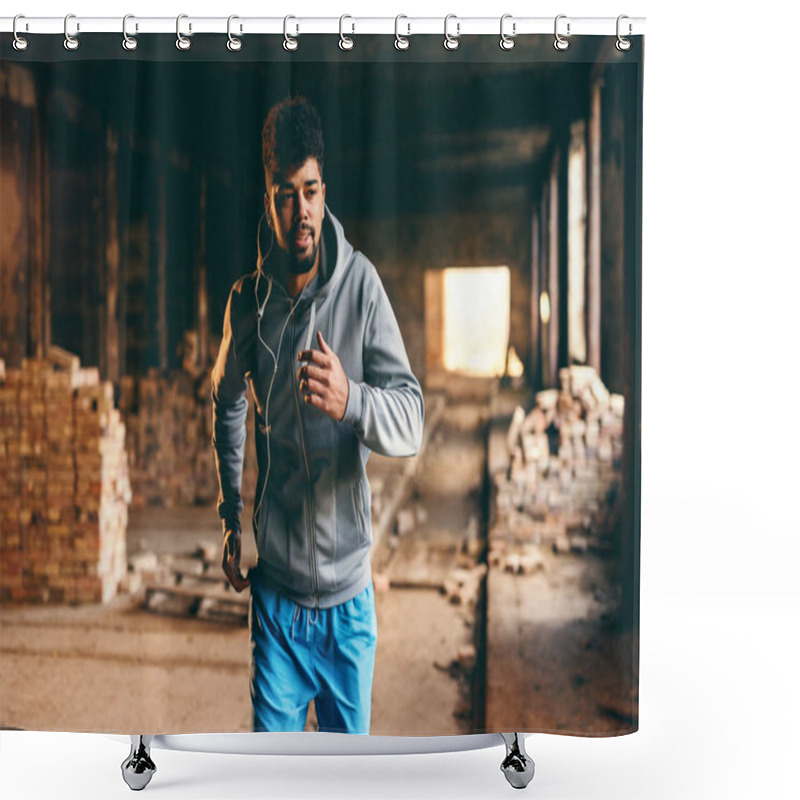 Personality  Young Sporty African American Guy In Sportswear And With Earphones Running In Old Brick Factory. Shower Curtains