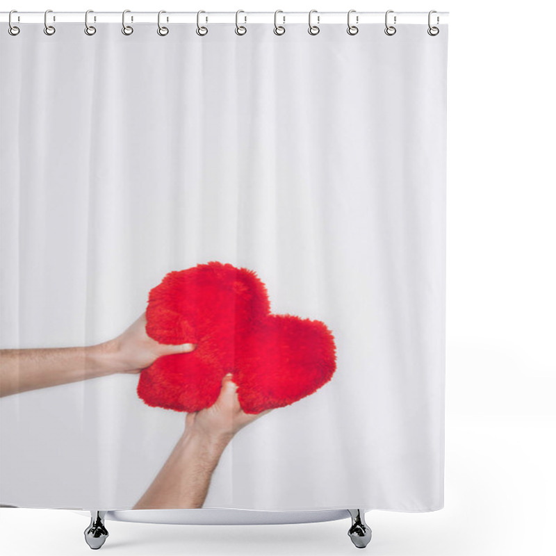 Personality  Cropped Shot Of Angry Man Squeezing Soft Red Heart Pillow Isolated On White Shower Curtains