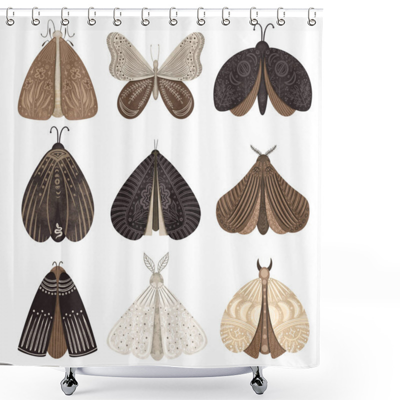 Personality  Black And Brown Moths Set With Abstract Decorative Modern Floral And Celestial Design, Isolated Illustration On White Background Shower Curtains