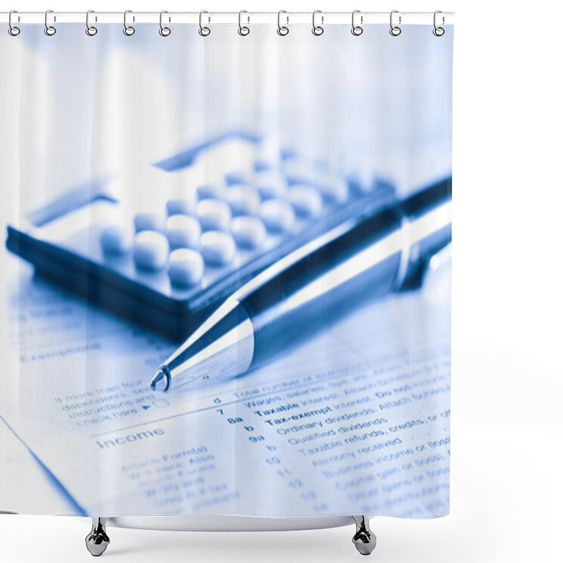 Personality  Tax Form, Pen And Calculator Shower Curtains