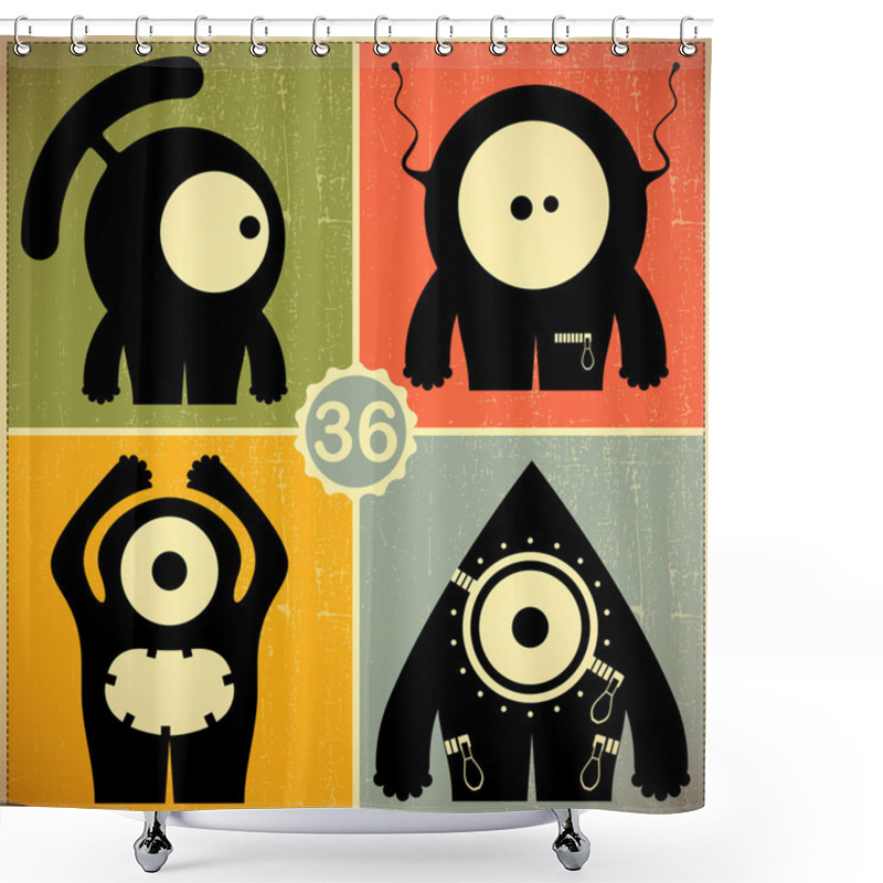 Personality  Set Of Four Monsters On Retro Grunge Background Shower Curtains