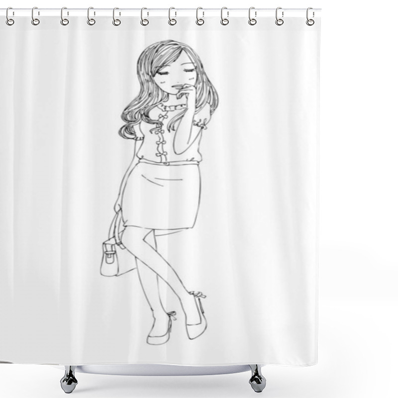 Personality  Beautiful Cute Girls Hand Drawn, Happy Young Girl Teenager Cartoon Doodle Women Isolated On White Background Vector Illustration Shower Curtains