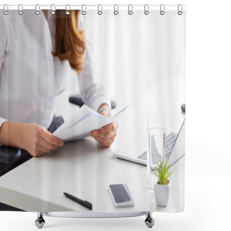 Personality  Cropped View Of Businesswoman Holding Papers With Dossier At Table With Laptop And Smartphone Shower Curtains