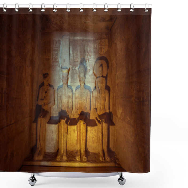 Personality  Ptah, Amun-Ra, Ramses And Ra-Horakhty Sitting Next To Each Other In The Great Temple Of Abu Simbel Shower Curtains