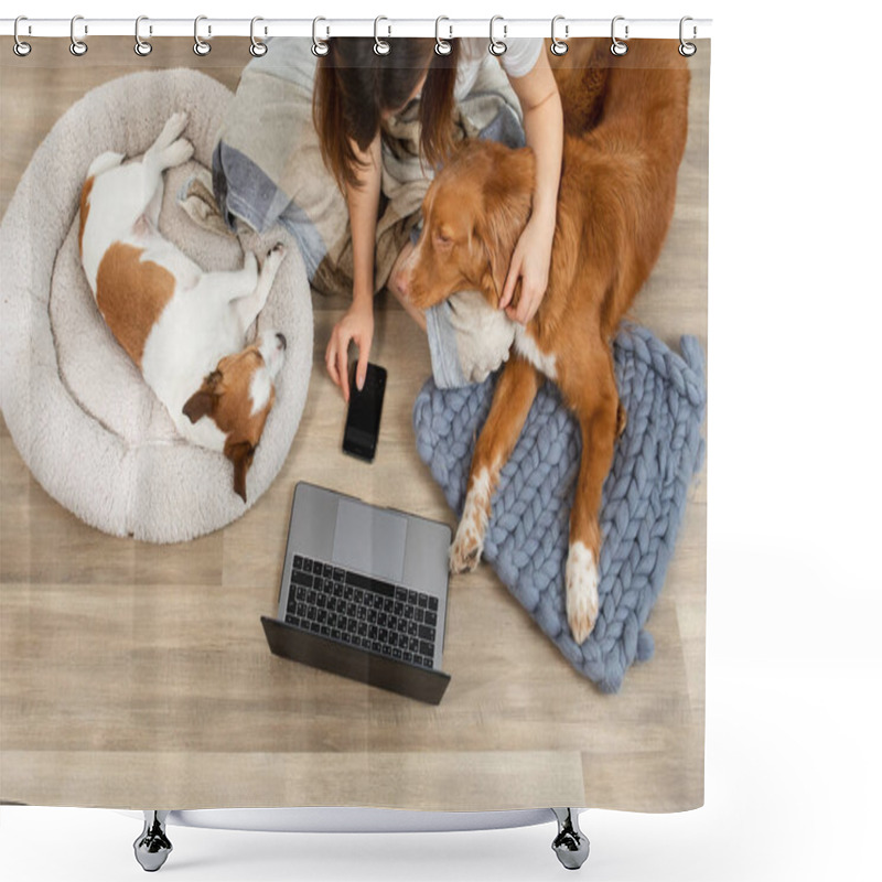 Personality  Two Dogs With A Girl Working On A Laptop At Home. Nova Scotia Duck Tolling Retriever And A Jack Russell Terrier Shower Curtains