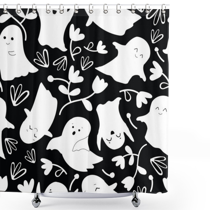 Personality  Black With Cute Halloween White Ghosts And Their Flowers Seamless Pattern Background Design. Shower Curtains