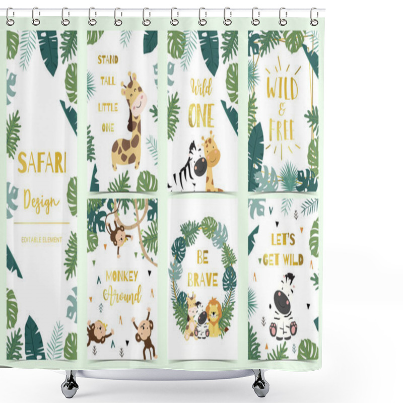 Personality  Green,gold Collection Of Safari Background Set With Lion,monkey, Shower Curtains