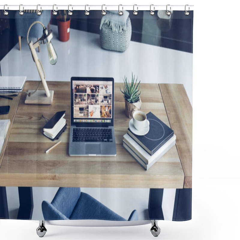 Personality  Open Laptop, Books And Cup Of Coffee At Modern Workplace  Shower Curtains