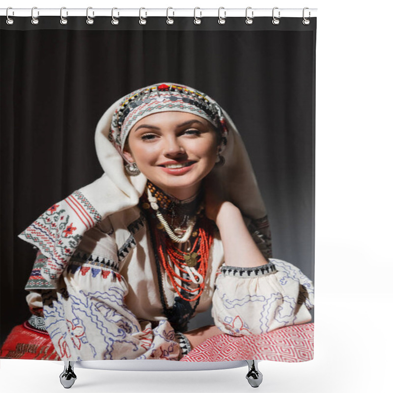 Personality  Portrait Of Happy Young Ukrainian Woman In Traditional Clothing With Ornament And Red Beads On Black  Shower Curtains