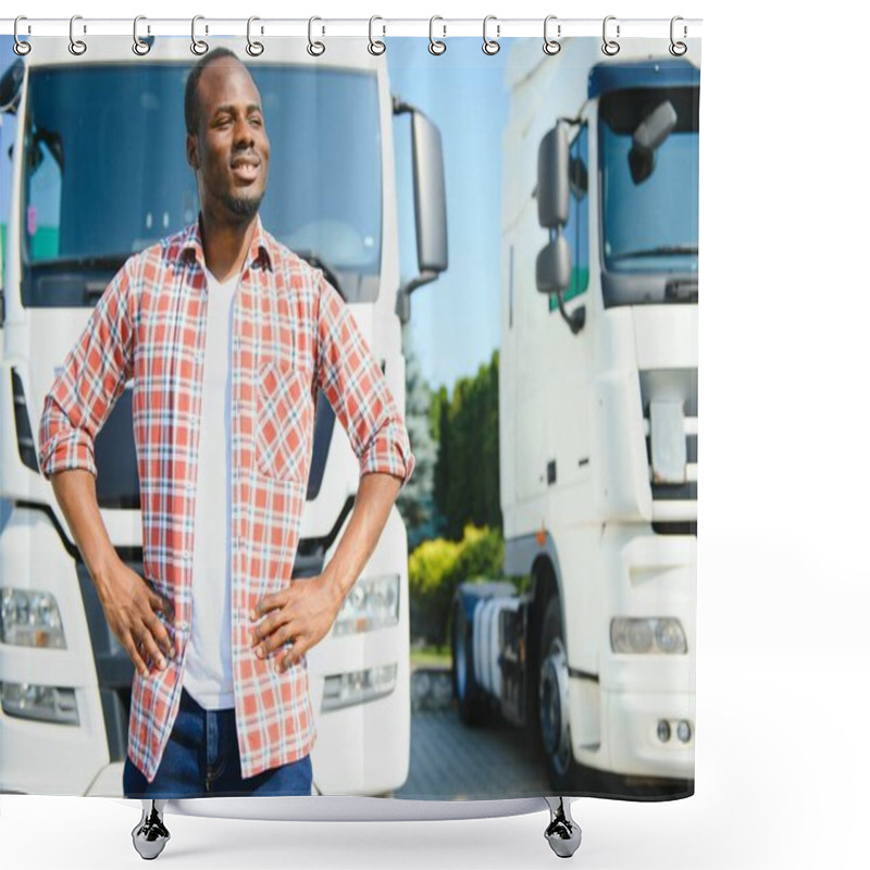 Personality  Truck Driver Man African American Muscular Smiling, In Long-time Business Transportation And Delivery. Shower Curtains