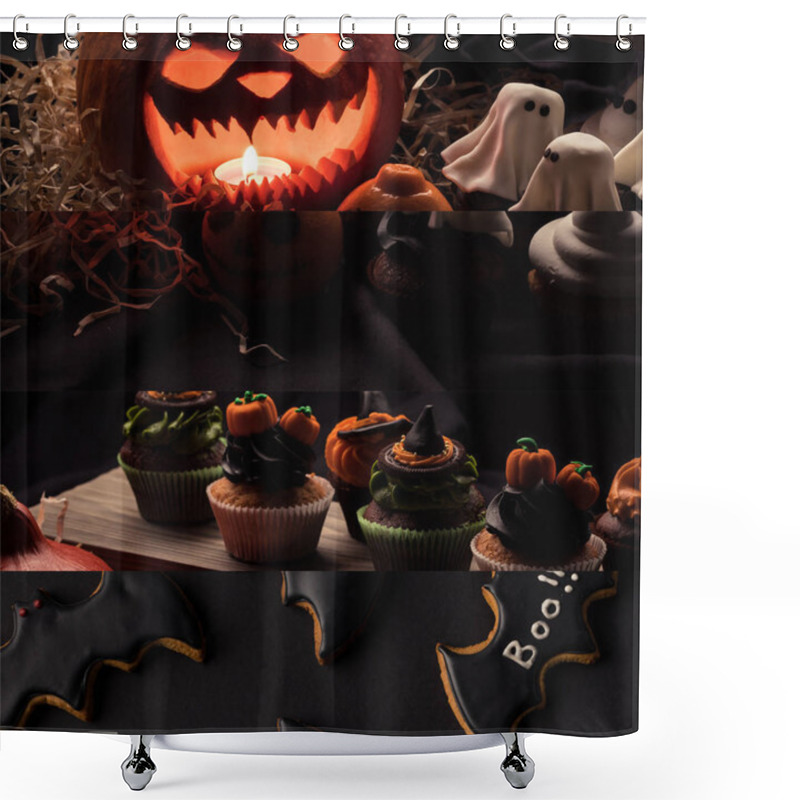 Personality  Collage Of Traditional Halloween Decoration, Bat Cookies And Cupcakes  Shower Curtains