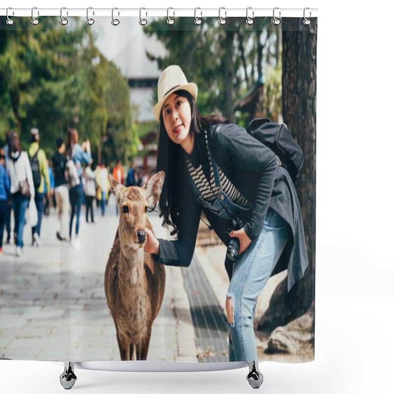 Personality  Beautiful Woman Photographer Holding Camera Touching Cute Deer At Nara Park On The Stone Road. Home Of Freely Roaming Zika In Japan. Girl Traveler Play With Mammal Taking Portrait On Sunny Day. Shower Curtains